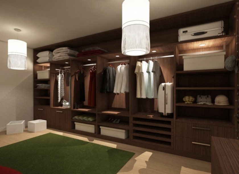 Классическая гардеробная комната из массива с подсветкой Шахты