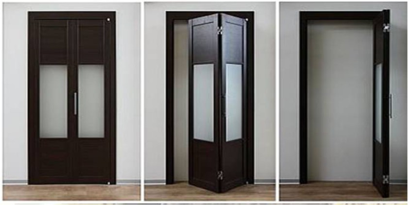 Шпонированные двери гармошка с матовыми стеклянными вставками Шахты