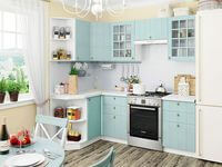 Небольшая угловая кухня в голубом и белом цвете Шахты